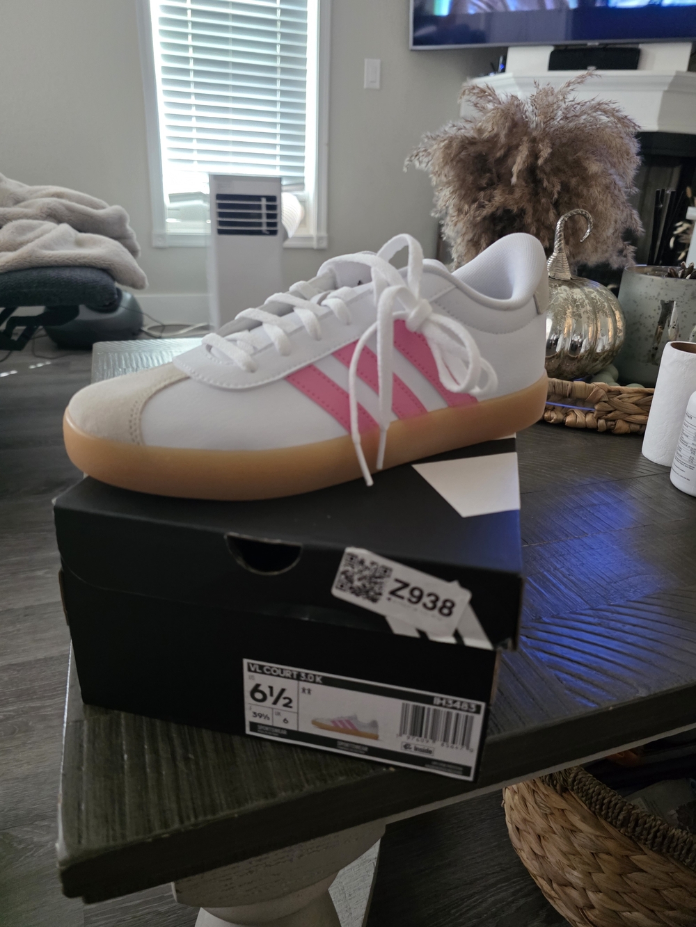 adidas Women’s White Sneakers with Pink Stripes and Gum Sole